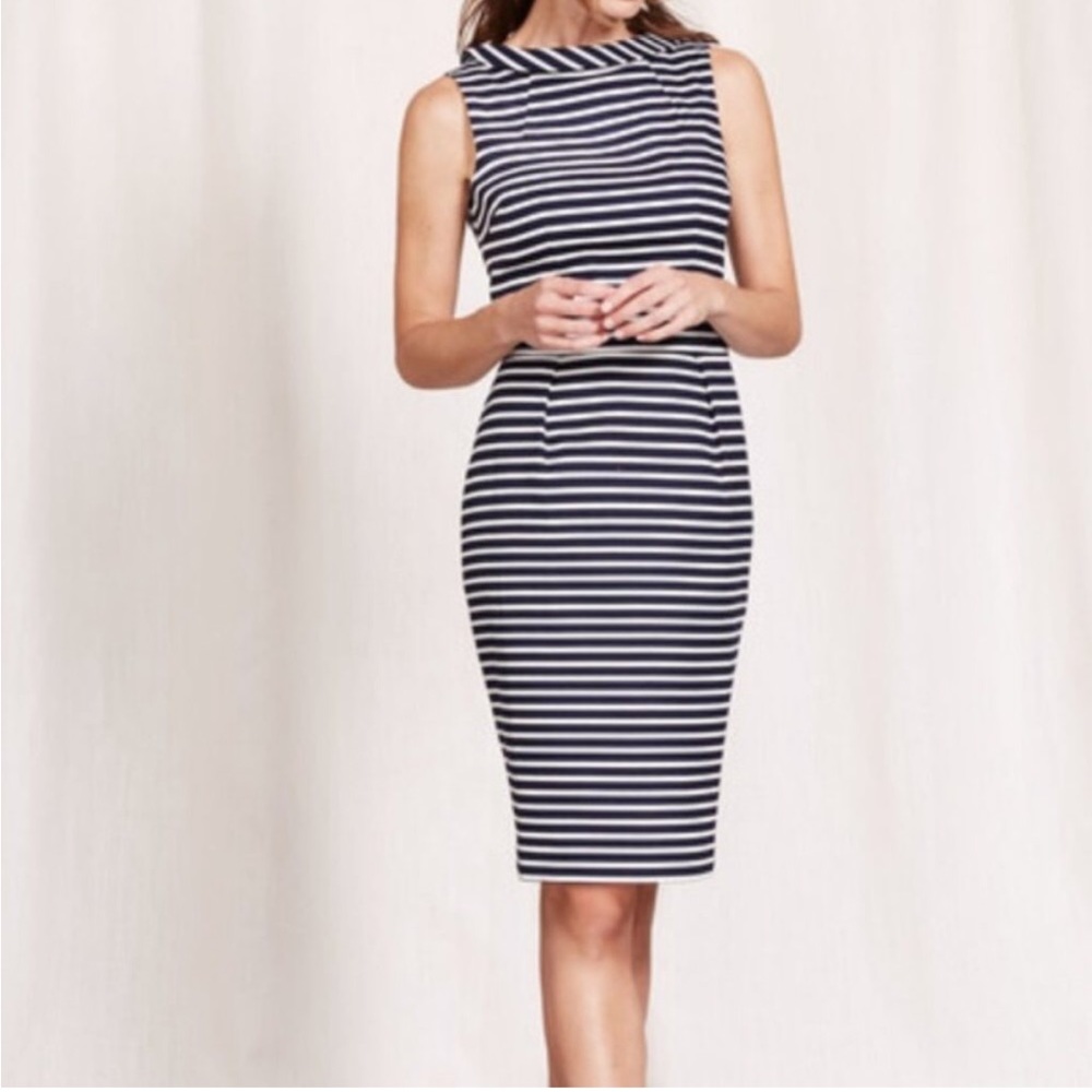 Boden Martha Women’s Navy Blue and White Stripe Mock Neck Sheath Dress Size 4P